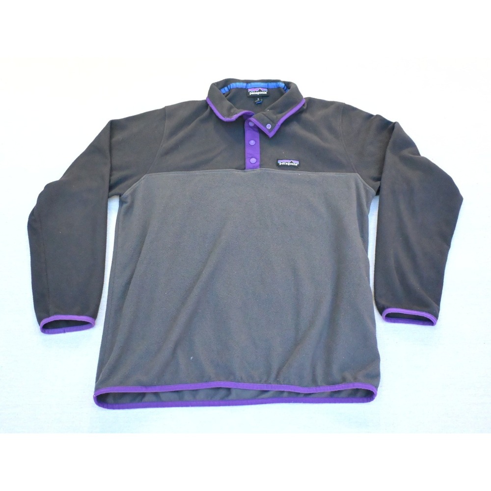 Patagonia Size M Grey Colorblock Fleece Snap Neck Pullover Purple Trim Recycled